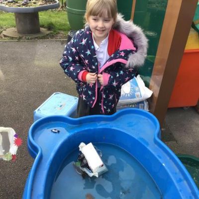 We made icebergs to see if a penguin could balance on them. This linked in nicely with exploring different materials and floating/sinking